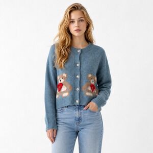 Luna Ivy Cardigan Sweater M Blue Teddy Bear 3D Bow Button Front K5397